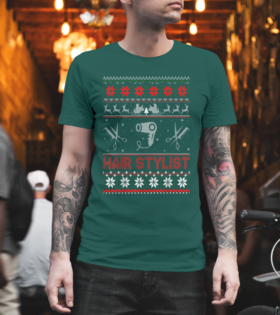 Hair Stylist Ugly Christmas Sweater Scissors And Hairdryer T-Shirt