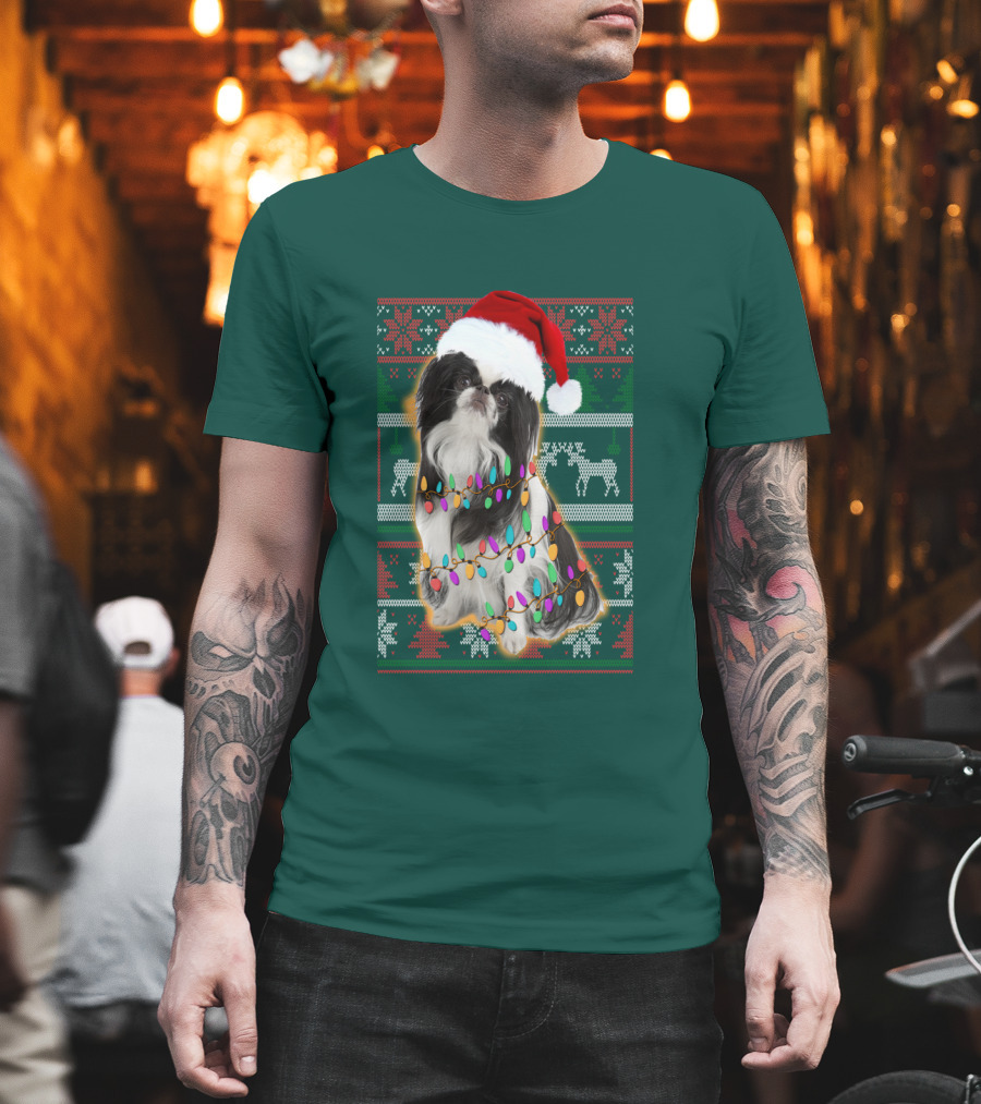Japanese Chin Christmas Lights Sweater Santa Hat T-Shirt