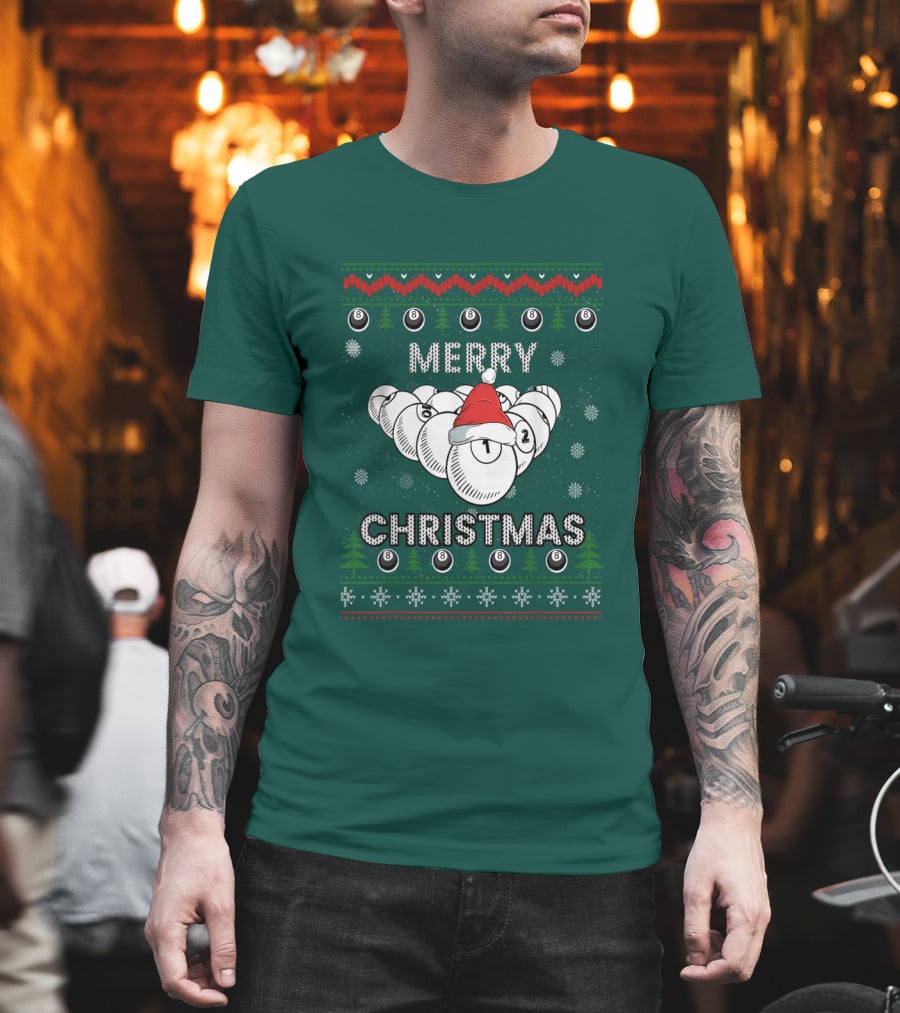 Merry Christmas Santa Hat Billiards Pool Balls Holiday Snowflakes T-Shirt