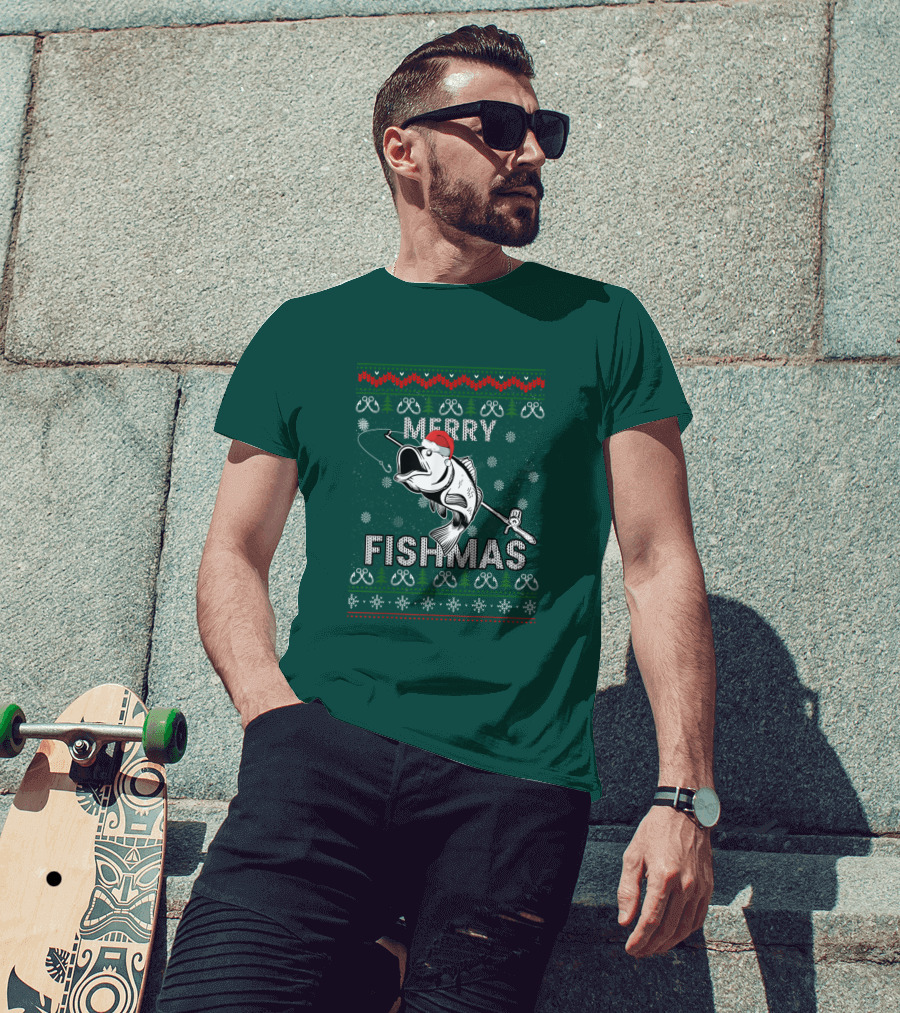 Merry Fishmas Fishing Santa Hat Bass Ugly Christmas T-Shirt