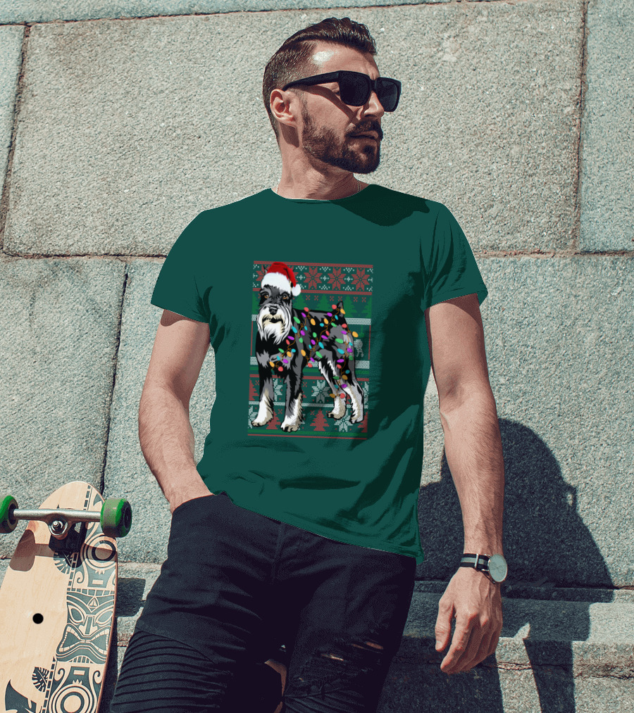 Miniature Schnauzer Christmas Sweater Santa Hat And Holiday Lights T-Shirt