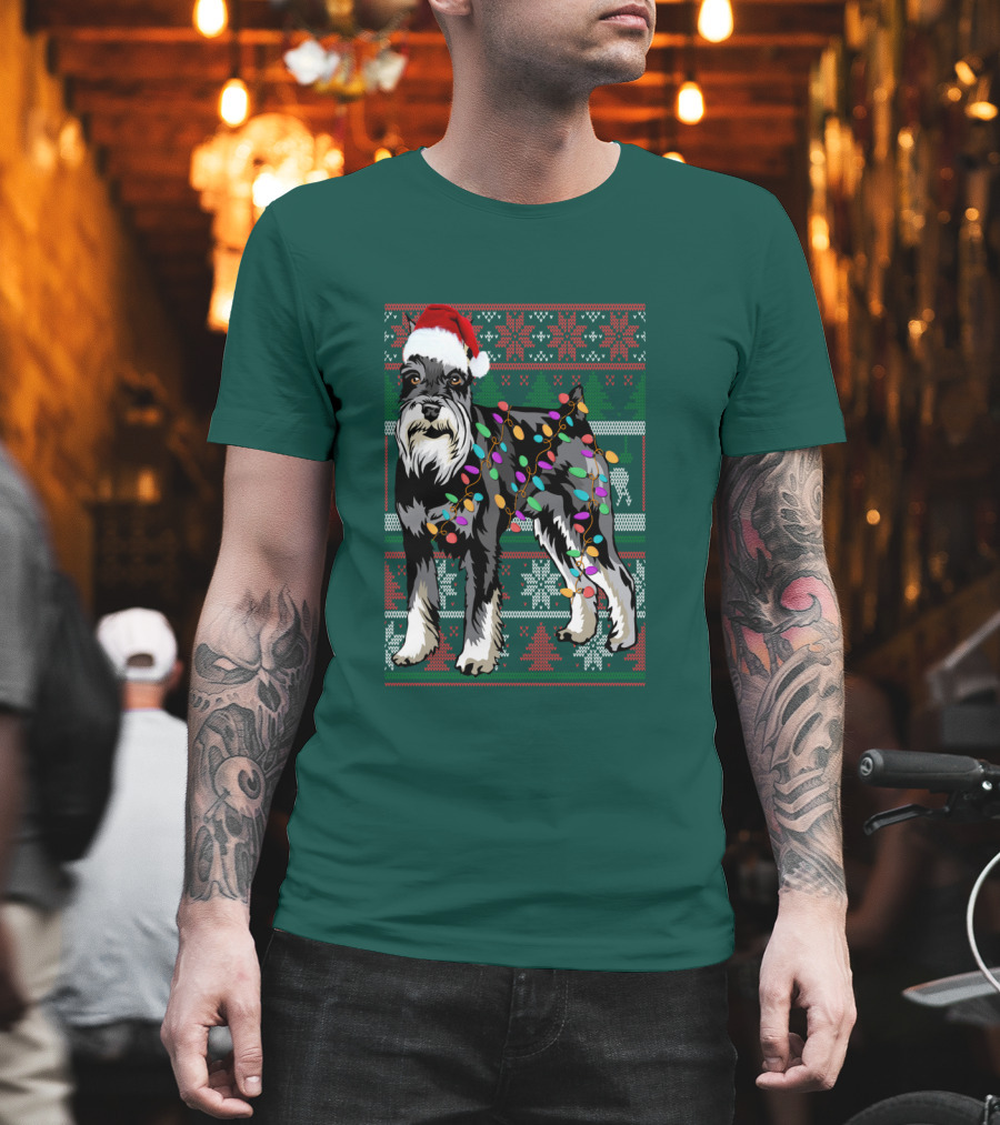 Miniature Schnauzer Christmas Sweater Santa Hat and Holiday Lights T-Shirt