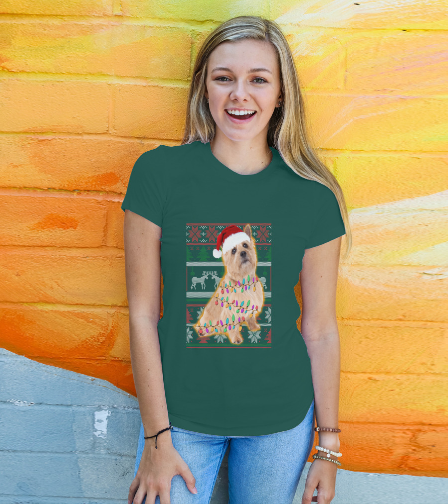 Norfolk Terrier Christmas Lights Sweater Santa Hat T-Shirt