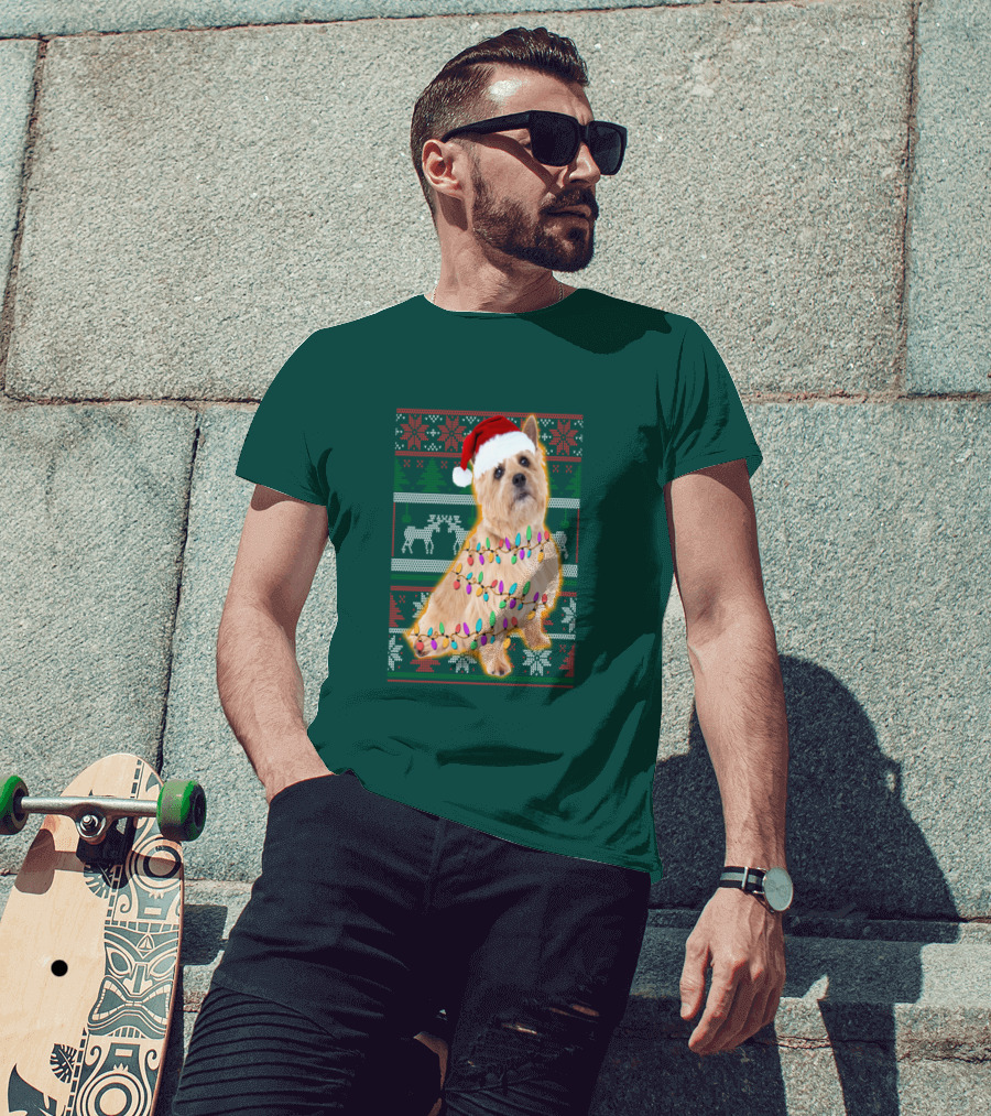 Norfolk Terrier Christmas Lights Sweater Santa Hat T-Shirt