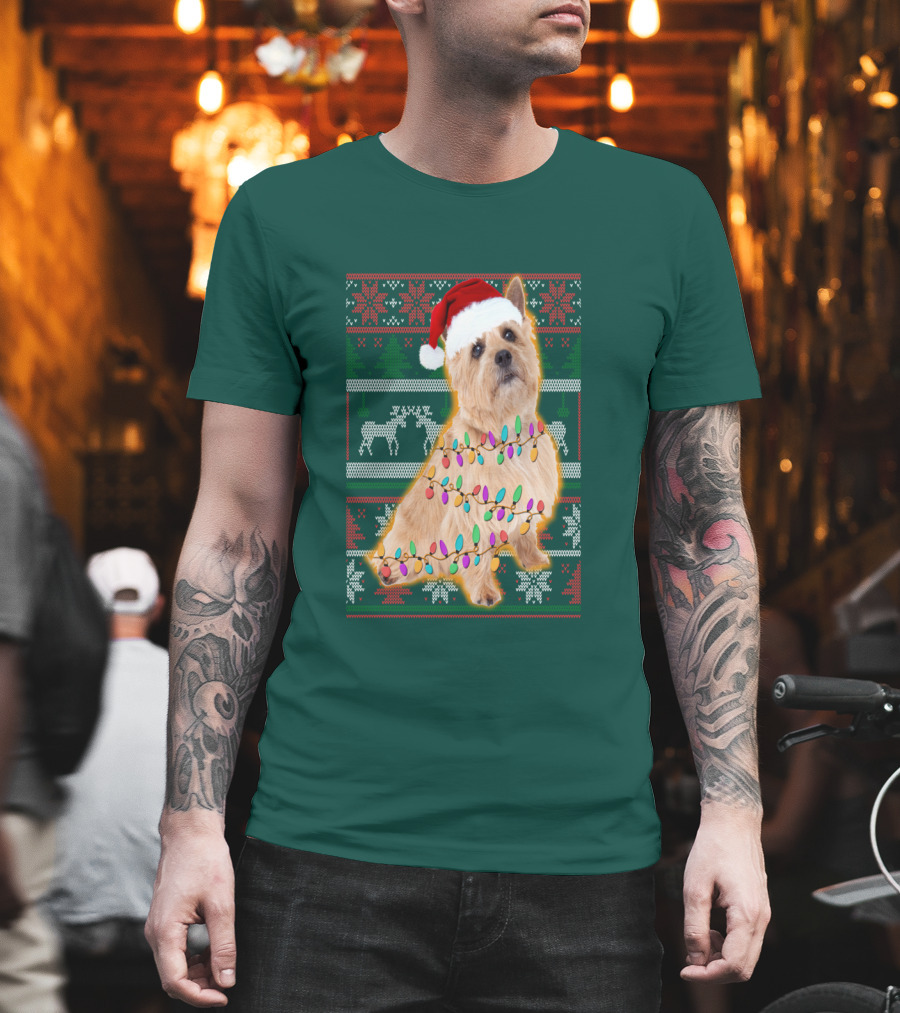 Norfolk Terrier Christmas Lights Sweater Santa Hat T-Shirt