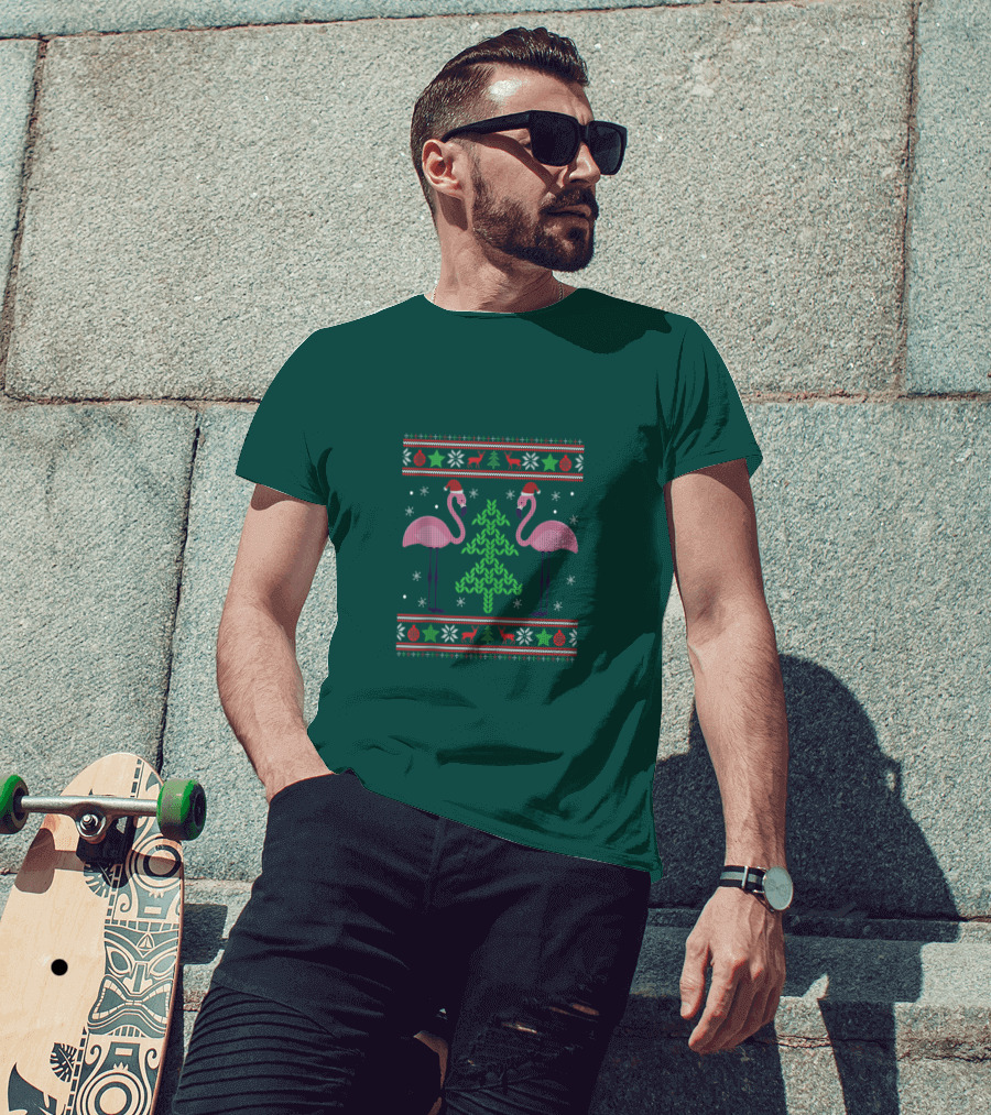 Pink Flamingos Santa Hat Christmas Tree Ugly T-Shirt