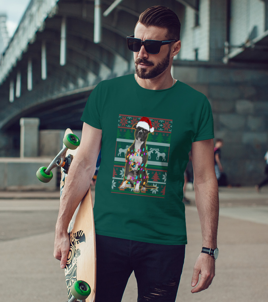 Pitbull Christmas Sweater With Santa Hat And Holiday Lights T-Shirt