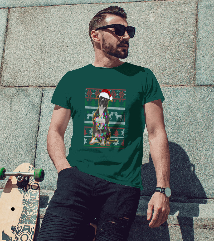 Pitbull Christmas Sweater With Santa Hat And Holiday Lights T-Shirt