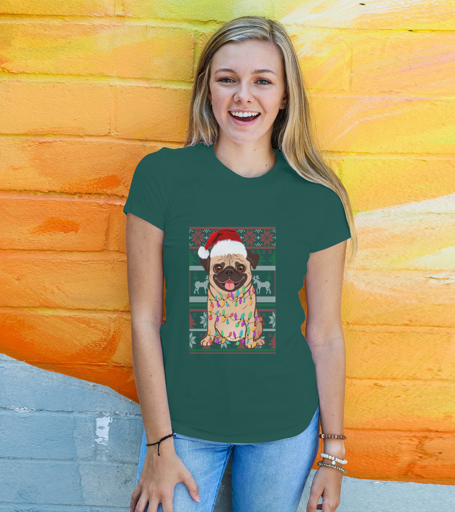 Pug Christmas Santa Hat Holiday Lights Sweater Reindeer T-Shirt