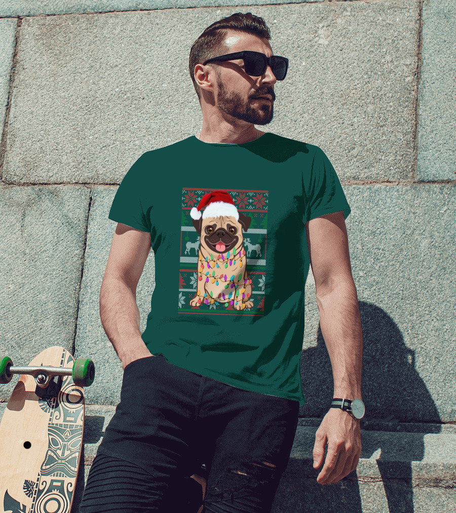 Pug Christmas Santa Hat Holiday Lights Sweater Reindeer T-Shirt