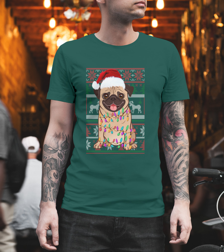 Pug Christmas Santa Hat Holiday Lights Sweater Reindeer T-Shirt