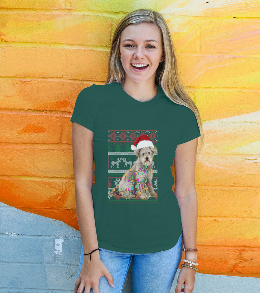 Pumi Dog Christmas Lights Santa Hat Ugly T-Shirt