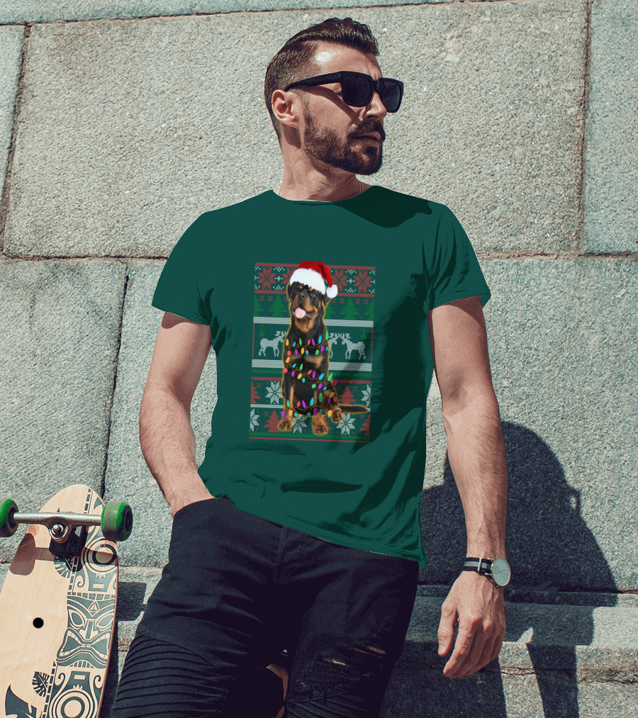 Rottweiler Christmas Lights Ugly Sweater Santa Hat Reindeer Snowflakes T-Shirt