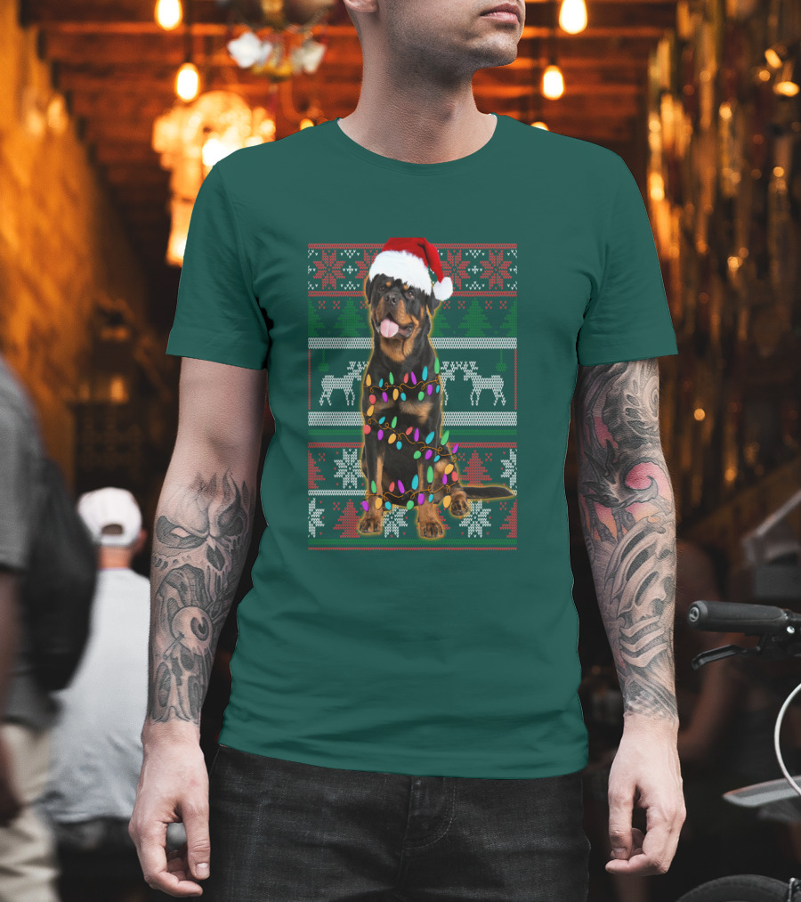 Rottweiler Christmas Lights Ugly Sweater Santa Hat Reindeer Snowflakes T-Shirt