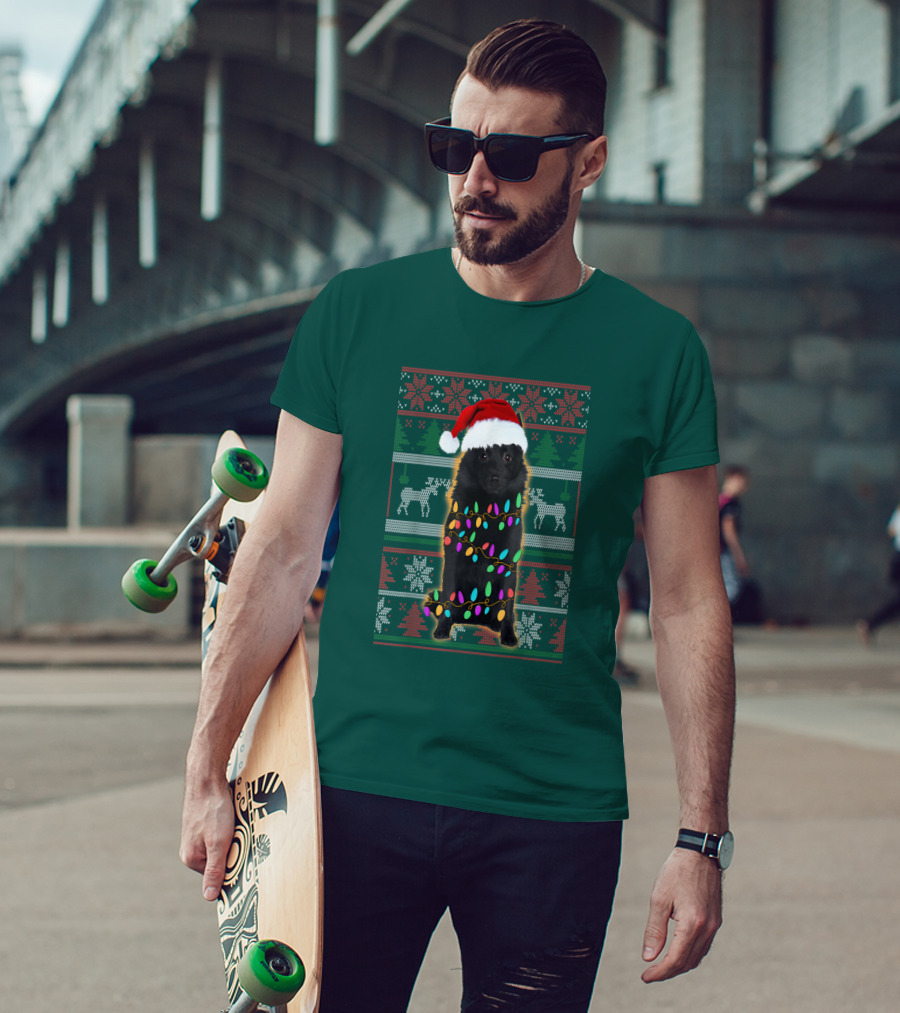 Schipperke Santa Hat Festive Christmas Lights Ugly T-Shirt