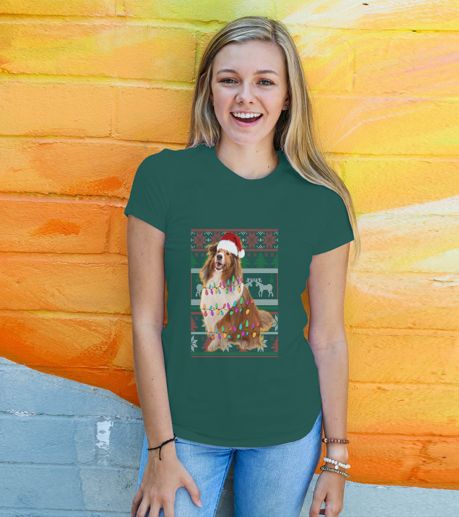 Shetland Sheepdog Christmas Lights Sweater Santa Hat Holiday Festive T-Shirt