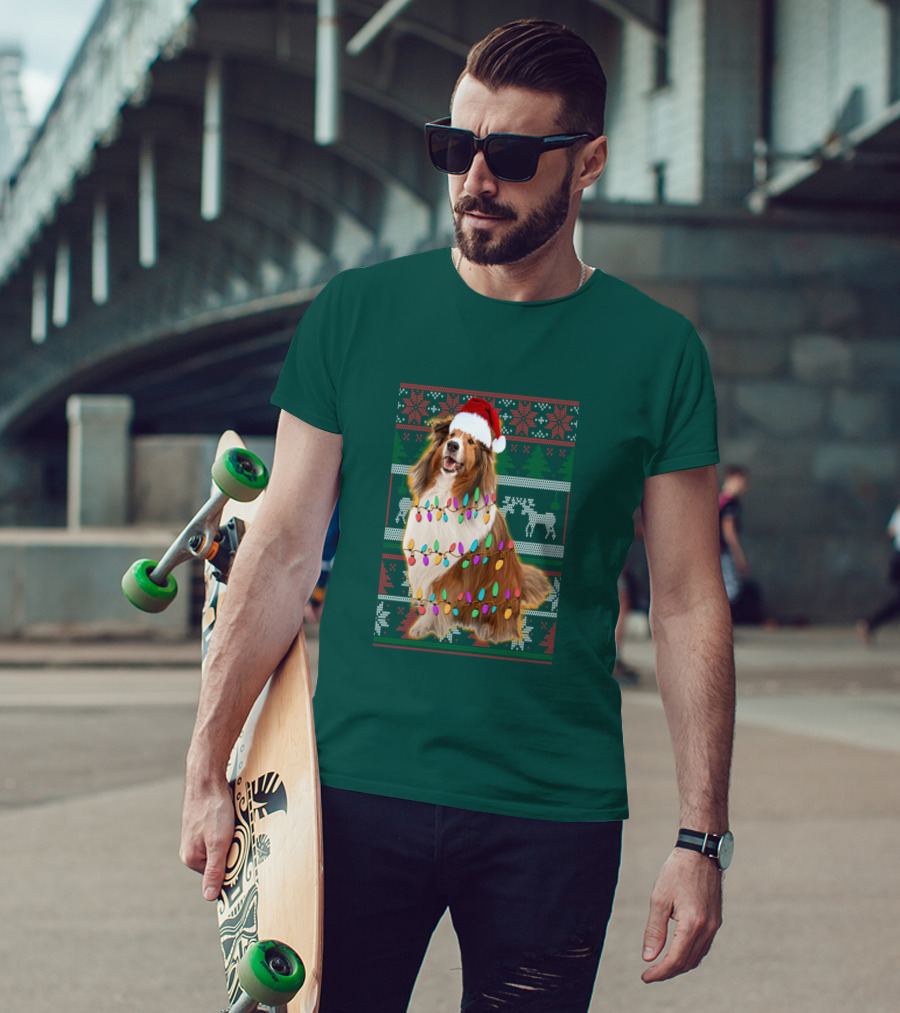 Shetland Sheepdog Christmas Lights Sweater Santa Hat Holiday Festive T-Shirt