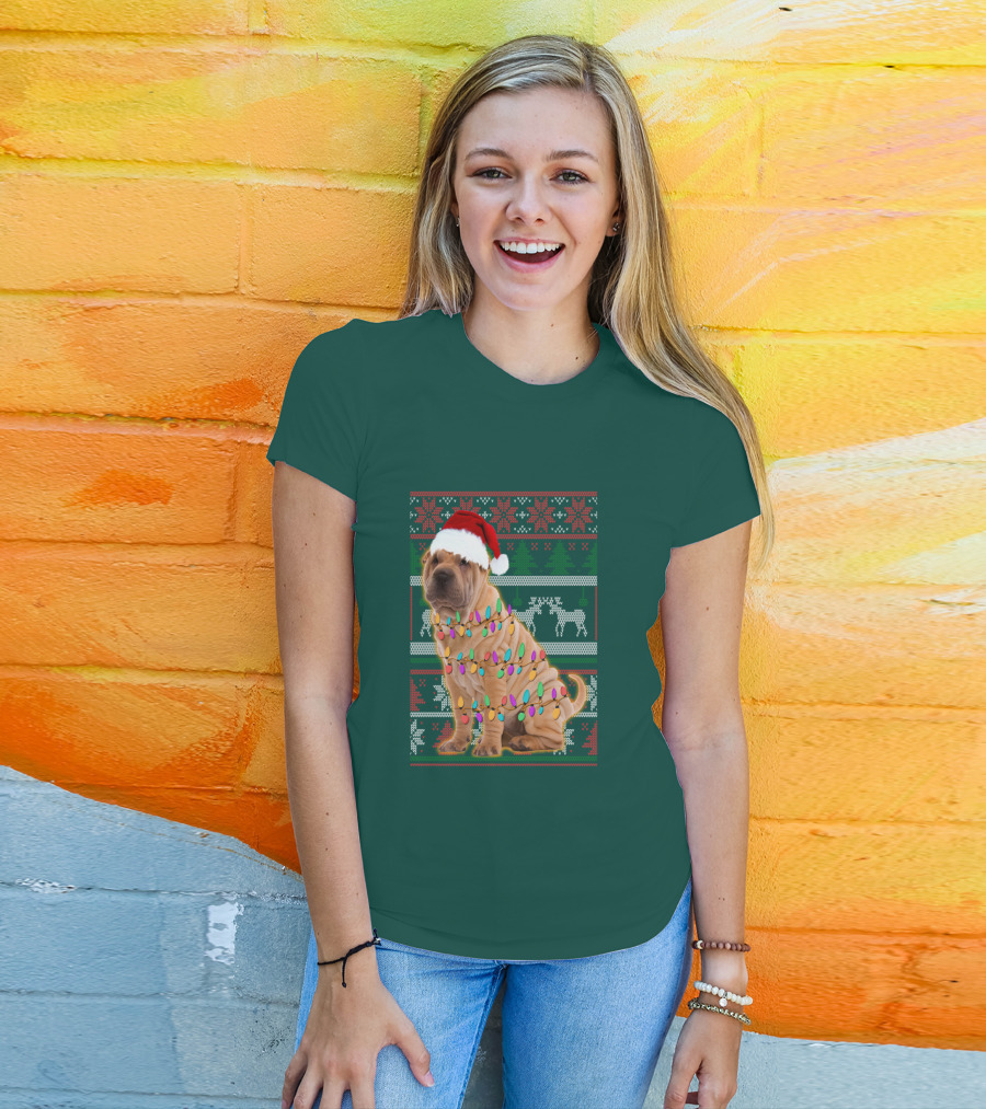 Shar Pei Christmas Lights Santa Hat Puppy T-Shirt