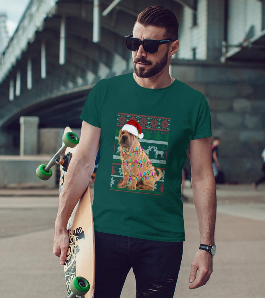 Shar Pei Christmas Lights Santa Hat Puppy T-Shirt