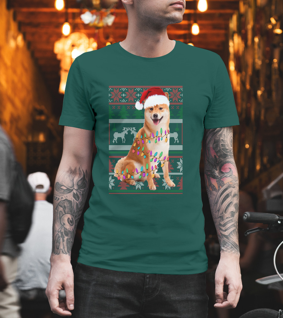 Shiba Inu Christmas Sweater Lights Santa Hat T-Shirt