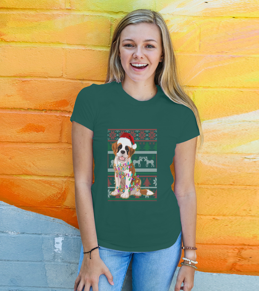 St Bernard Christmas Lights Ugly T-Shirt