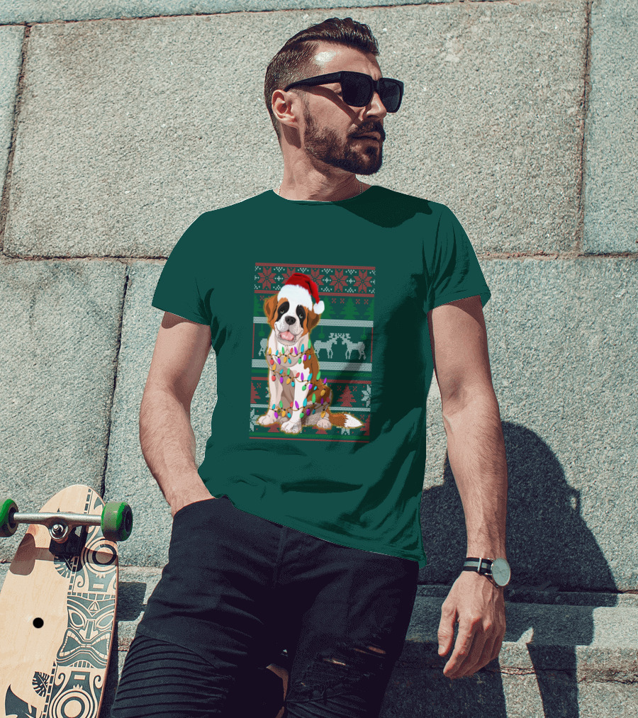 St Bernard Christmas Lights Ugly T-Shirt