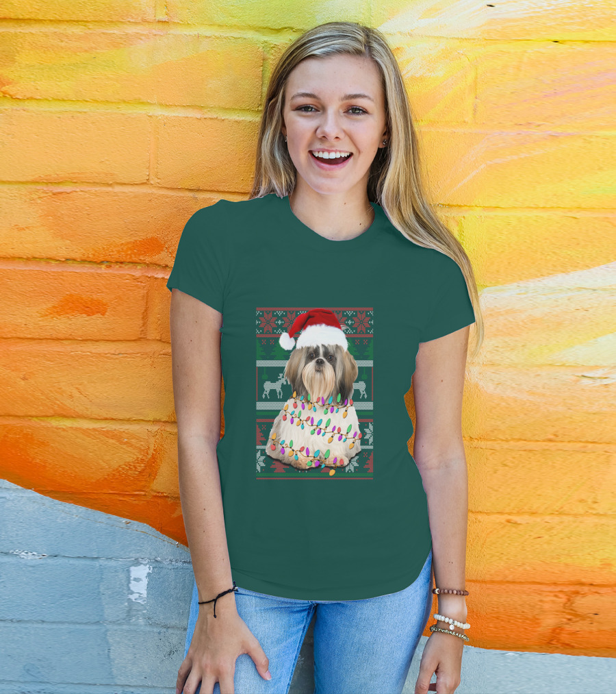 Shih Tzu Christmas Lights Santa Hat Holiday T-Shirt