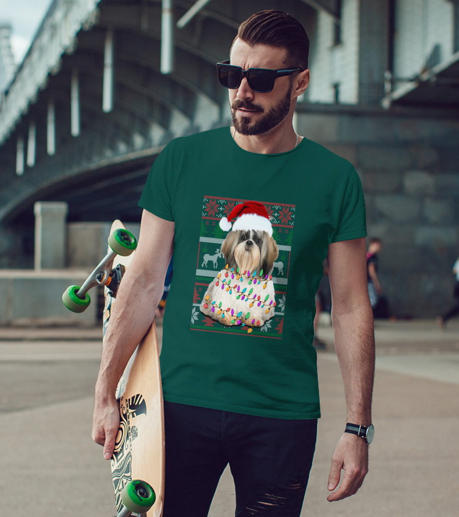 Shih Tzu Christmas Lights Santa Hat Holiday T-Shirt