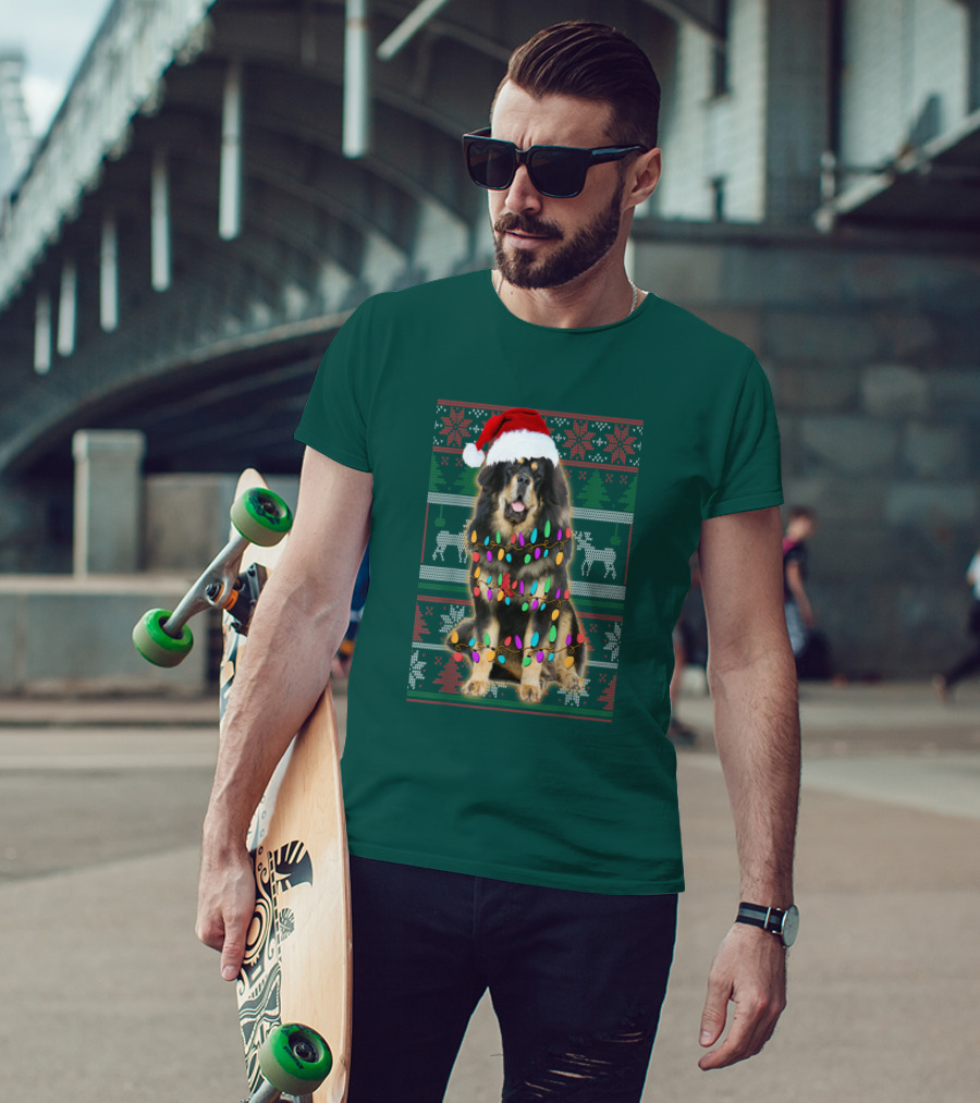 Tibetan Mastiff Christmas Sweater With Lights And Santa Hat T-Shirt