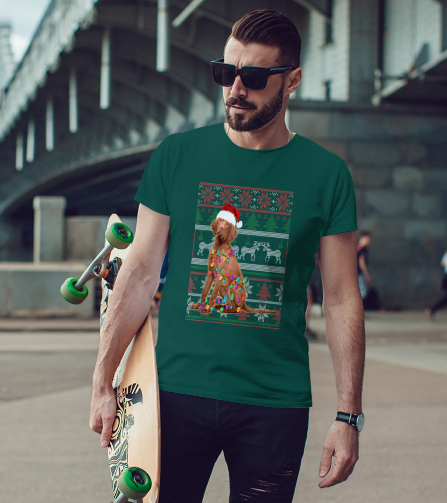 Vizsla Christmas Lights Santa Hat Ugly T-Shirt