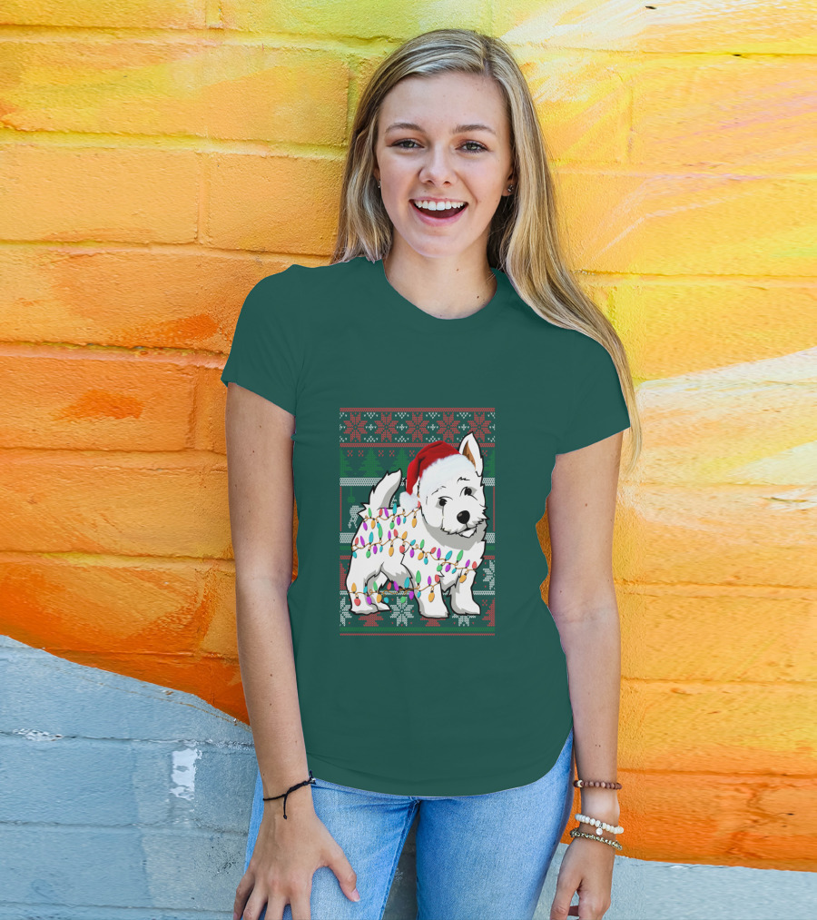 West Highland White Terrier Christmas Lights Ugly Sweater Santa Hat T-Shirt