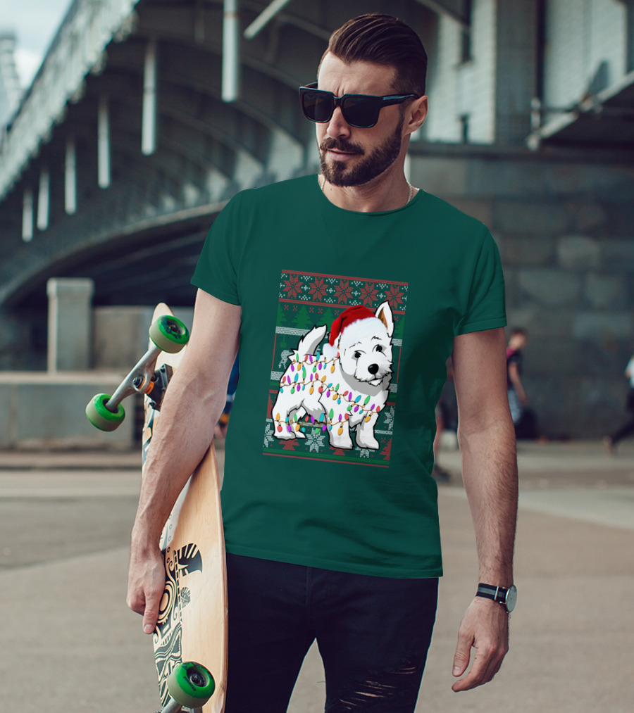 West Highland White Terrier Christmas Lights Ugly Sweater Santa Hat T-Shirt