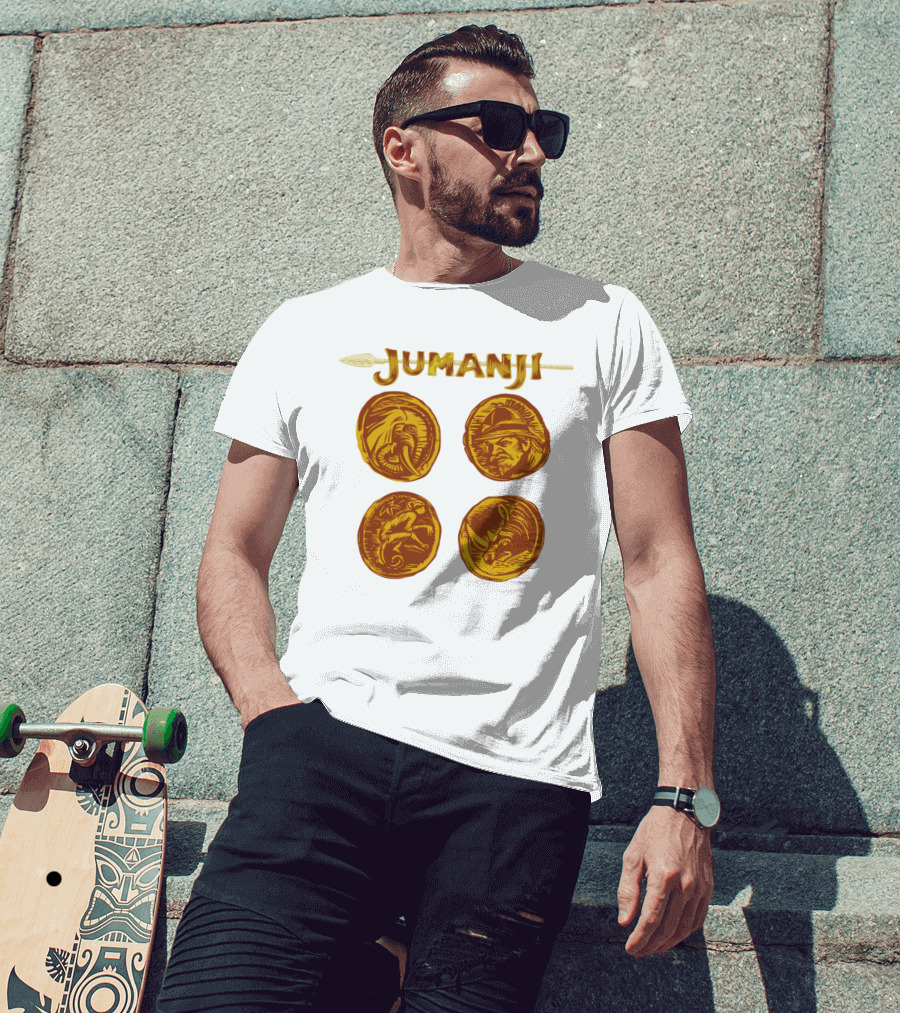 Jumanji Character Portrait Coins And Spear Sketch T-Shirt