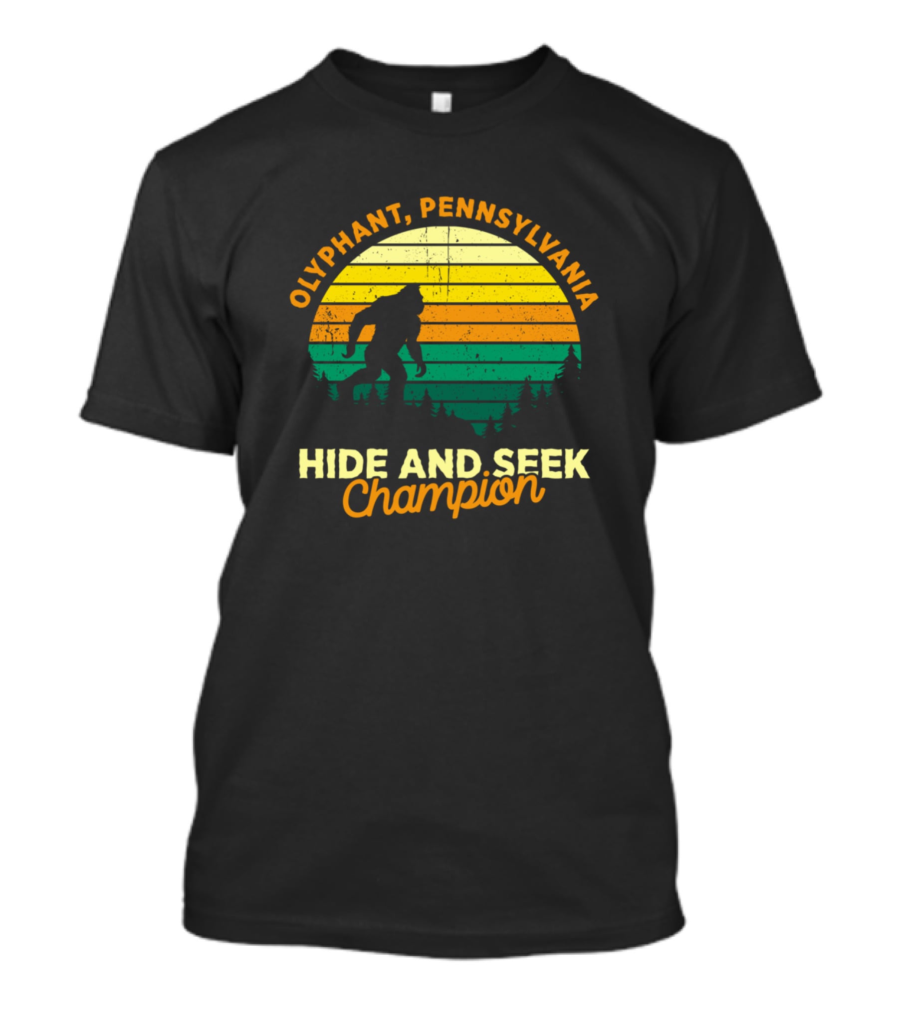 Olyphant Pennsylvania Bigfoot Hide And Seek Champion Retro Sunset T-Shirt