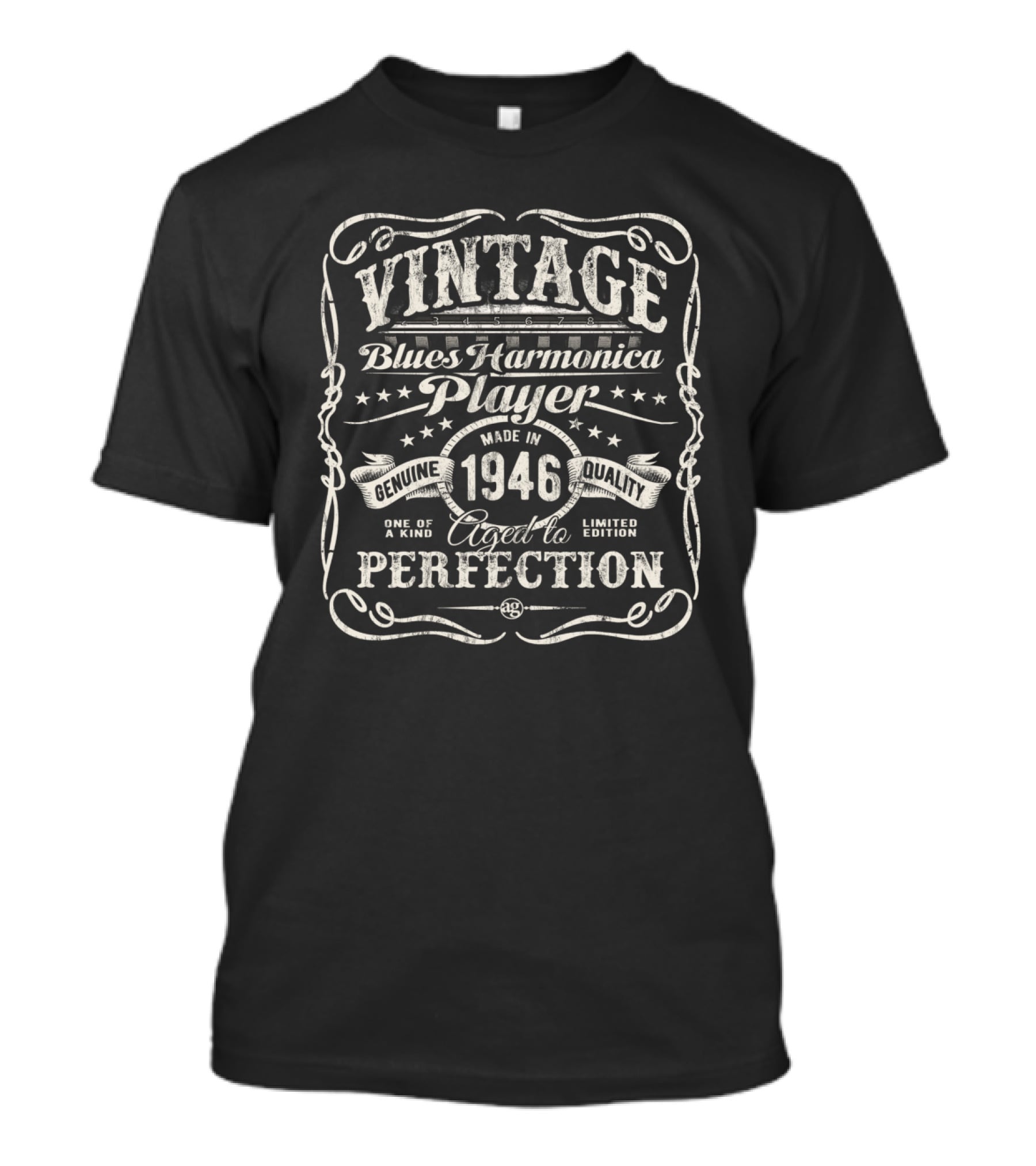 Vintage Blues Harmonica Player Made In 1946 Genuine Quality Aged To Perfection T-Shirt