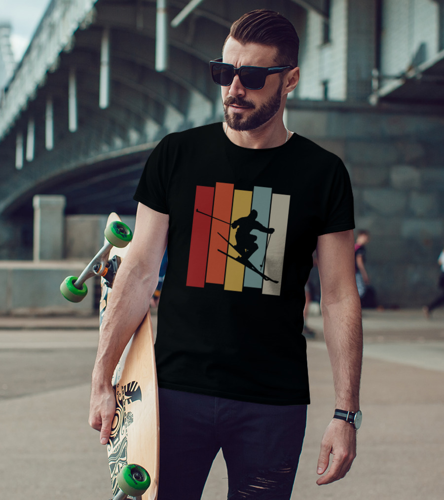 Vintage Skiing Silhouette On Colorful Retro Stripes T-Shirt