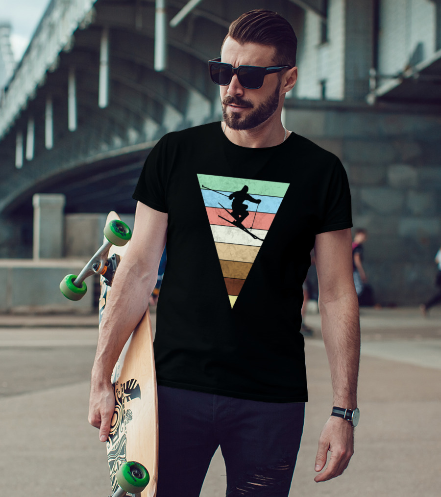 Skiing Vintage Print Silhouette With Retro Stripes For Skiers T-Shirt