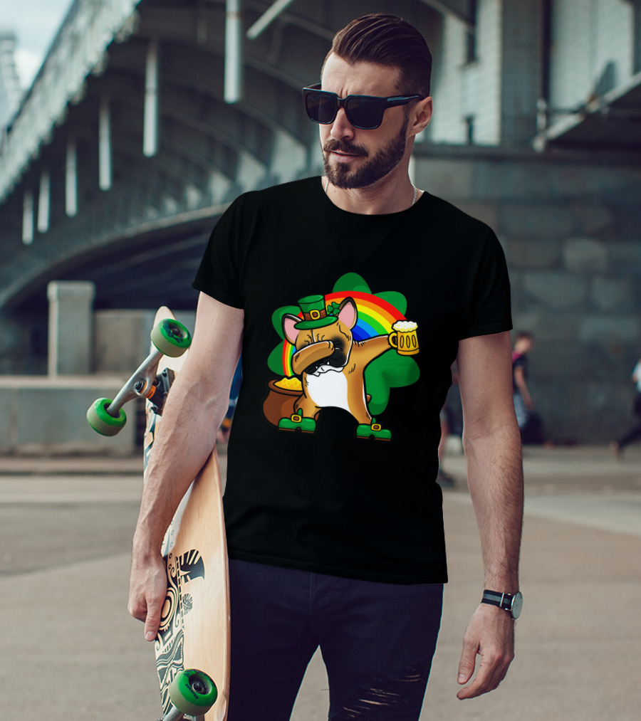 French Bulldog Dabbing Leprechaun With Beer And Rainbow St Patrick's Day T-Shirt