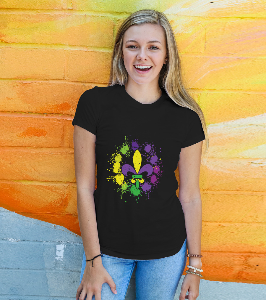 Fleur De Lis Mardi Gras Colors Paint Splatter Vintage T-Shirt