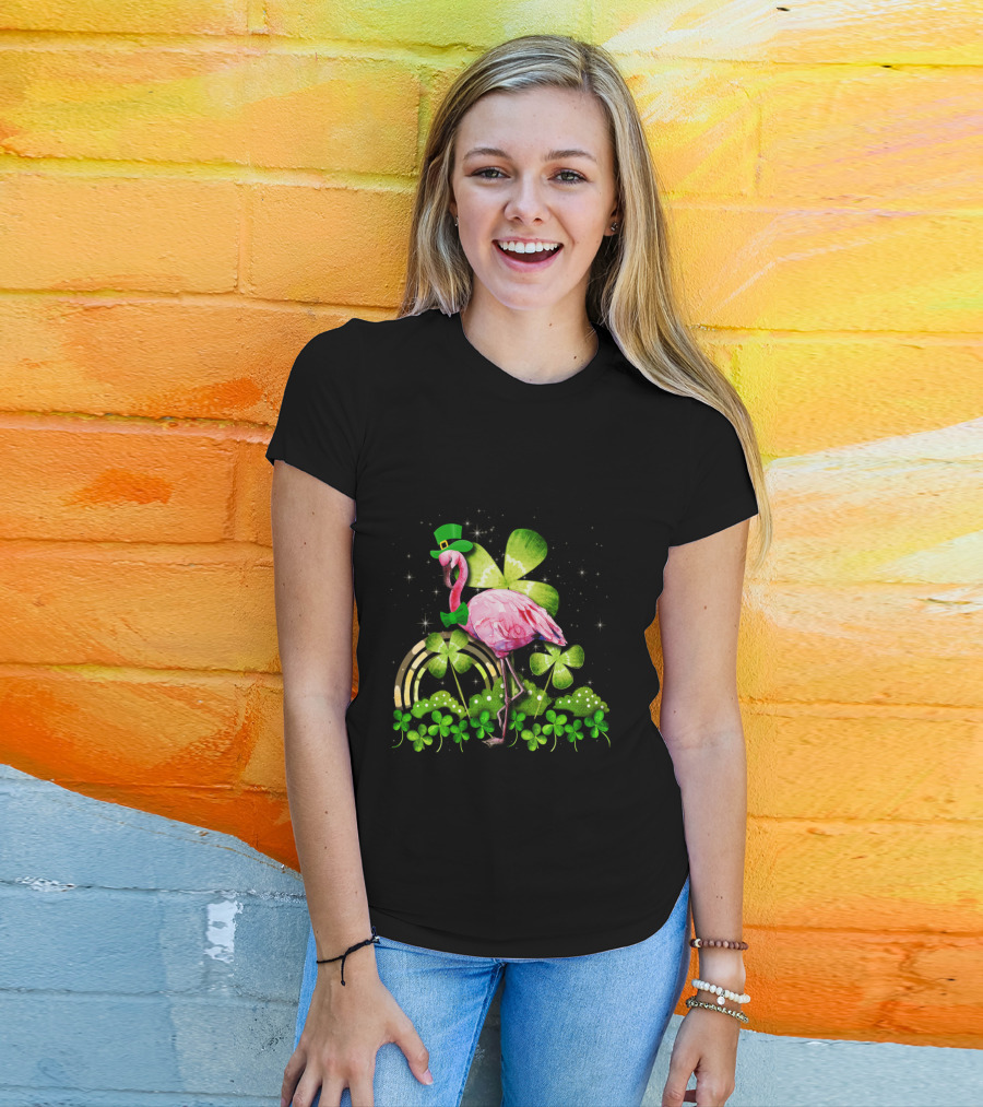 Flamingo St Patrick Day Shamrocks Leprechaun Rainbow Bowtie Sparkles T-Shirt