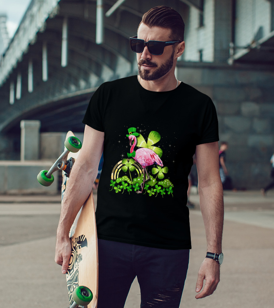 Flamingo St Patrick Day Shamrocks Leprechaun Rainbow Bowtie Sparkles T-Shirt