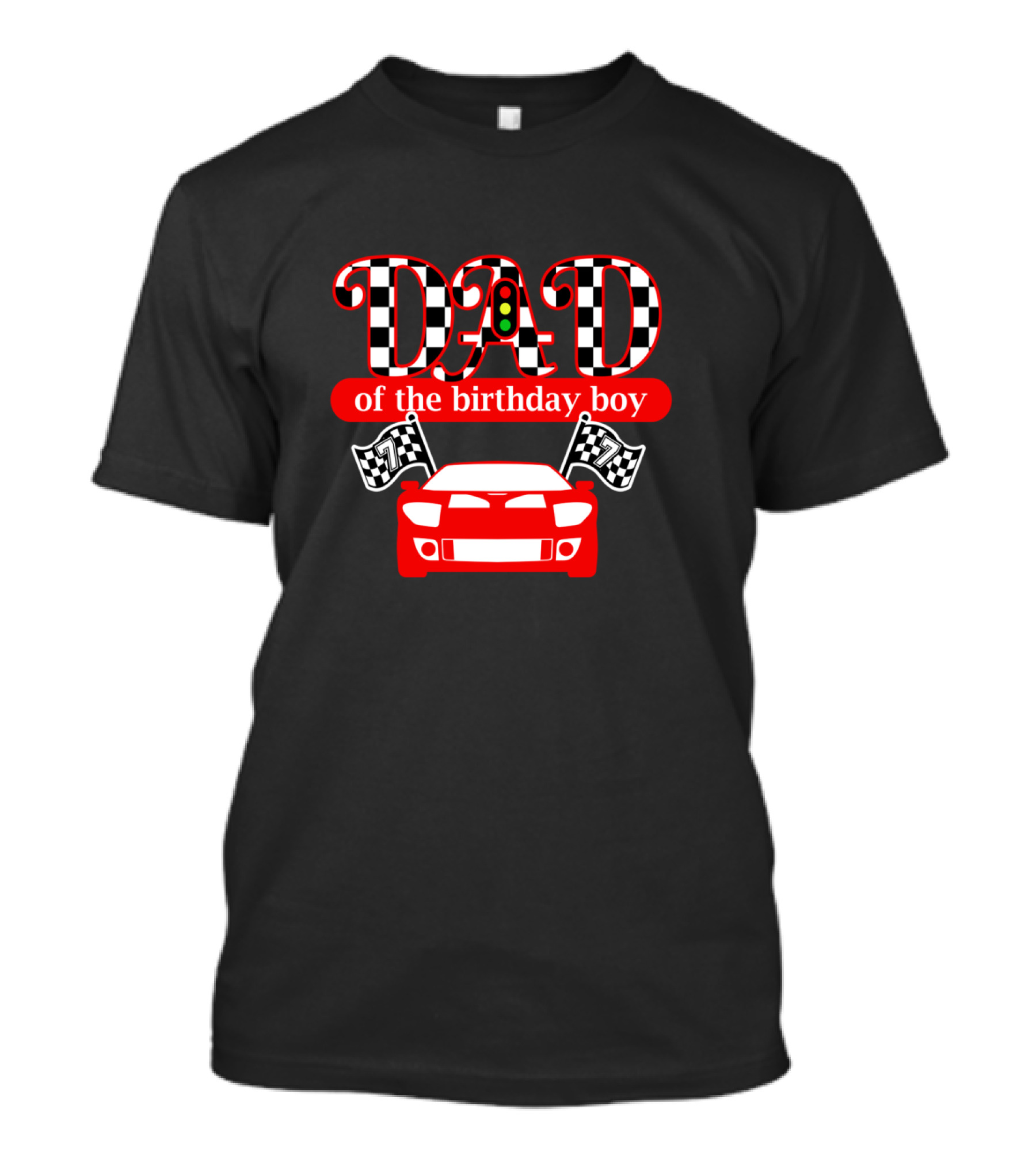 Dad Of The Birthday Boy Race Car Theme With Checkered Flags And Red Car T-Shirt