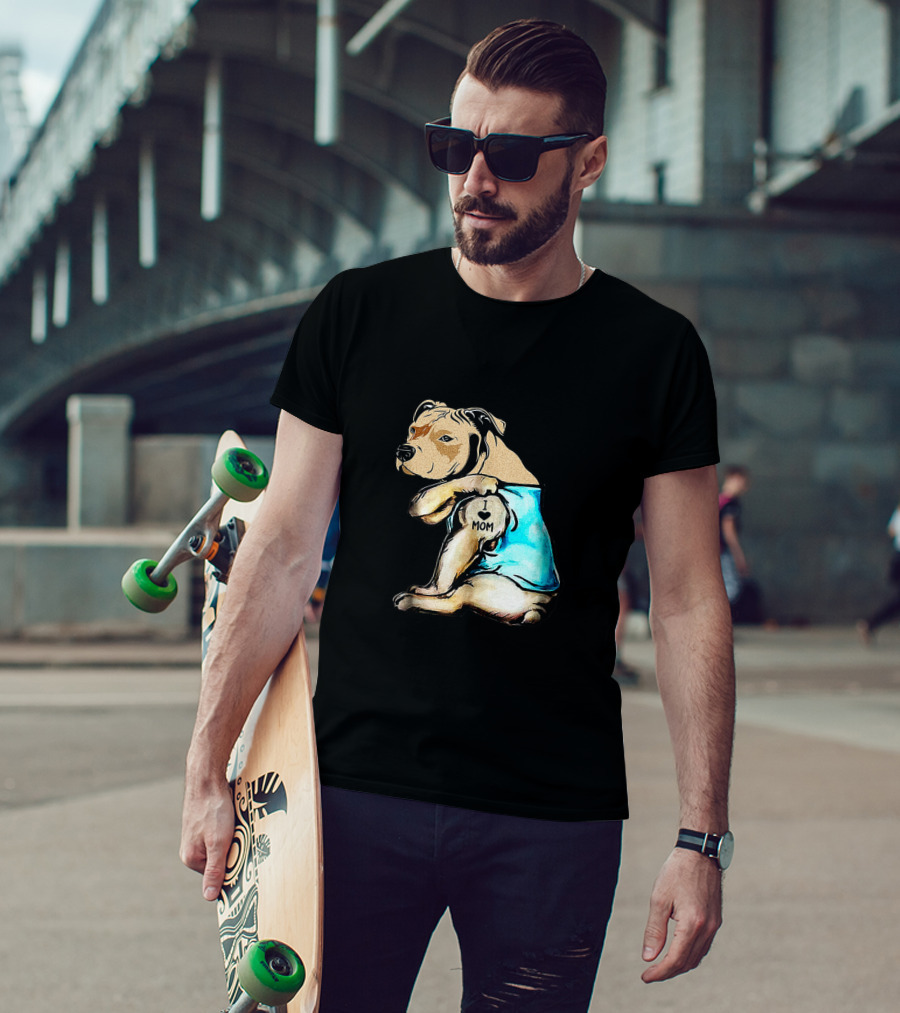 Pit Bull I Love Mom Tattooed Dog In Blue T-Shirt