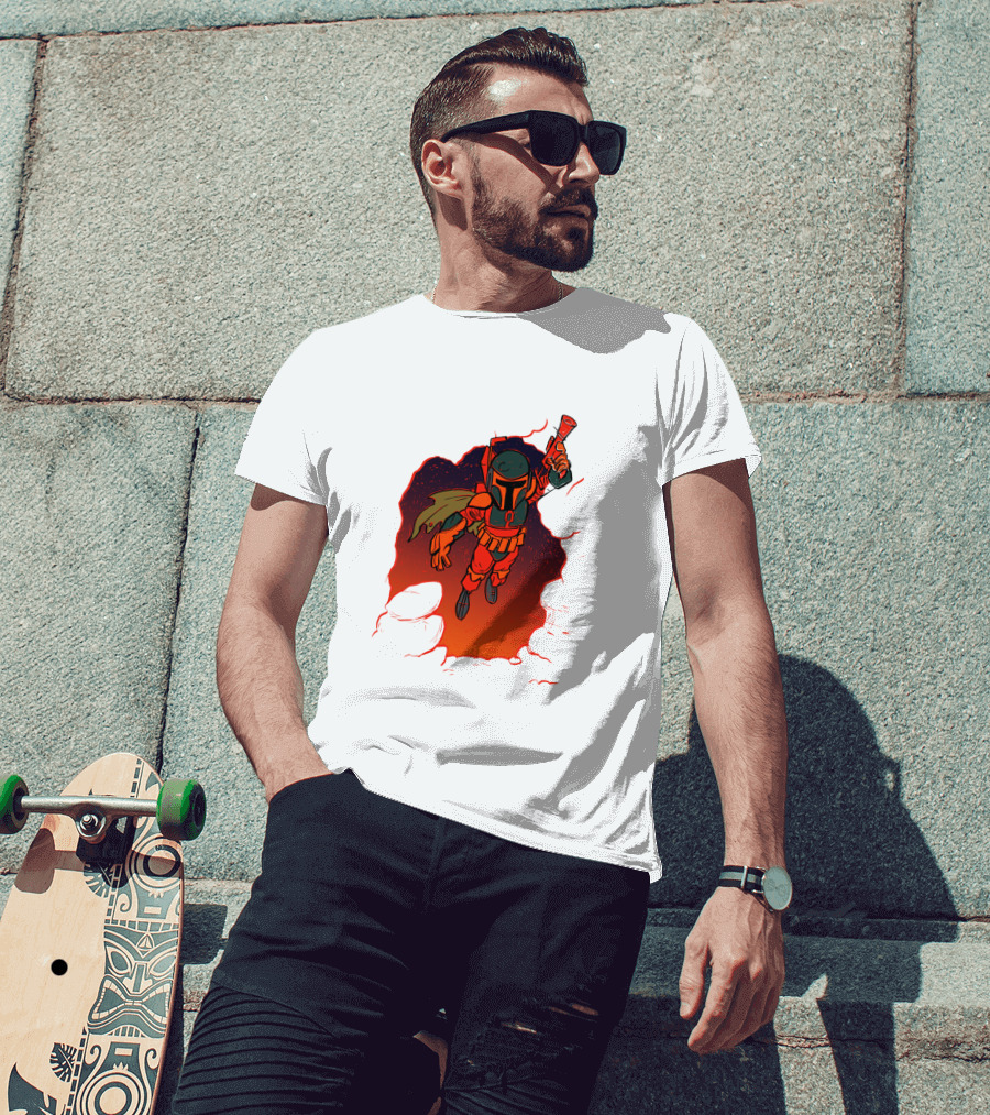 Star Wars Boba Fett Illustrated Blast Mandalorian Jetpack Fire Burst T-Shirt
