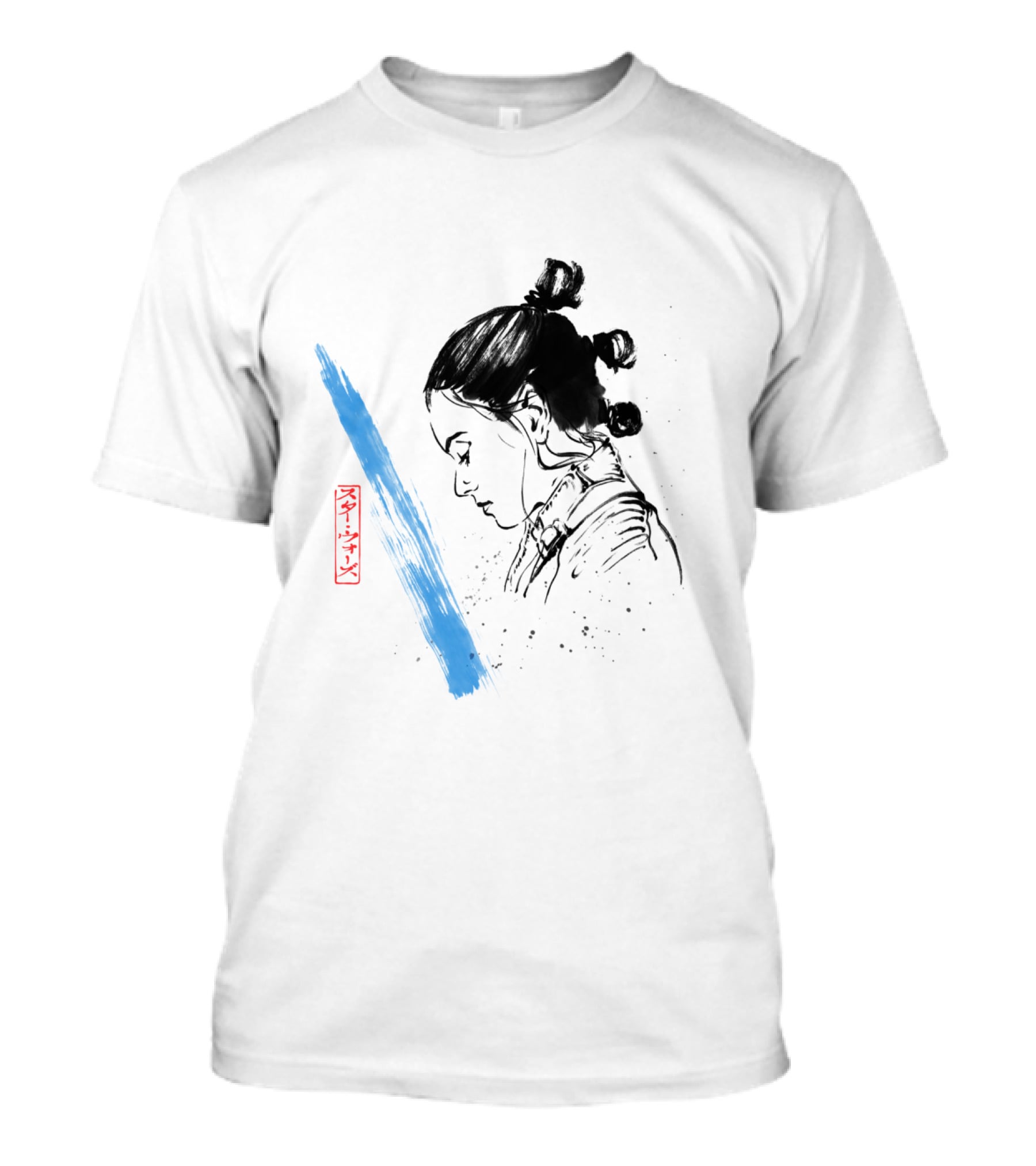 Star Wars The Last Jedi Rey Watercolor Sketch Profile With Blue Brushstroke And Red Kanji Markings T-Shirt