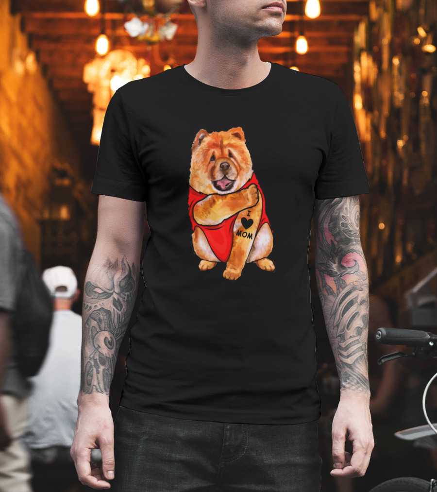 Chow Chow Dog in Red Outfit with I Love Mom Tattoo T-Shirt
