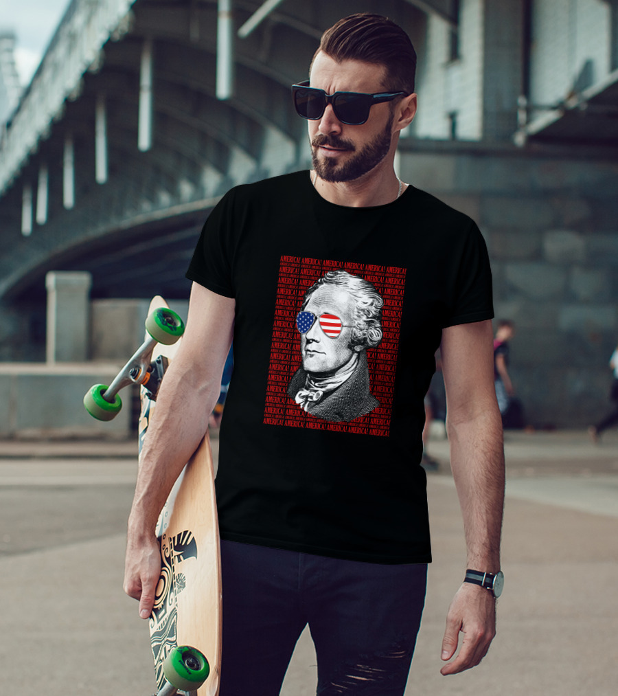 Alexander Hamilton America USA Patriotic Sunglasses Iconic American Flag T-Shirt