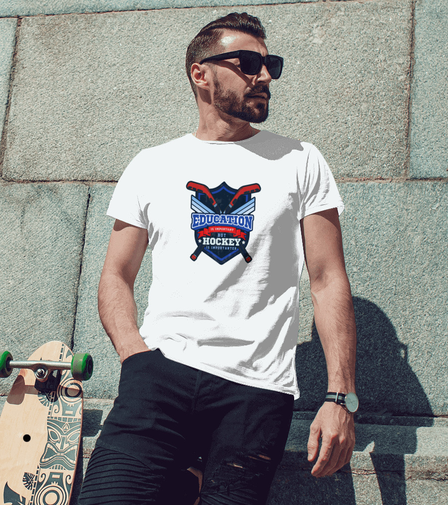 Education Is Important But Hockey Is Importanter Shield With Hockey Sticks T-Shirt