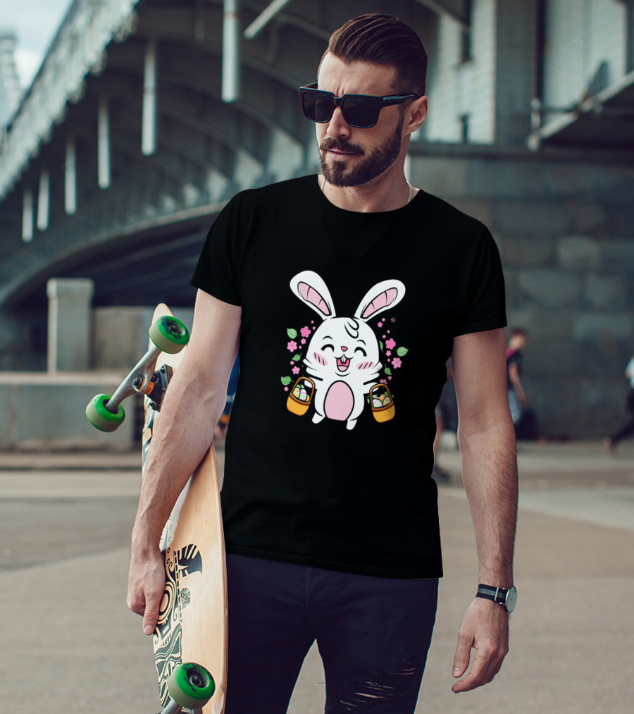 Kids Easter Bunny With Baskets Cute Egg Hunt Colorful Spring Flowers T-Shirt
