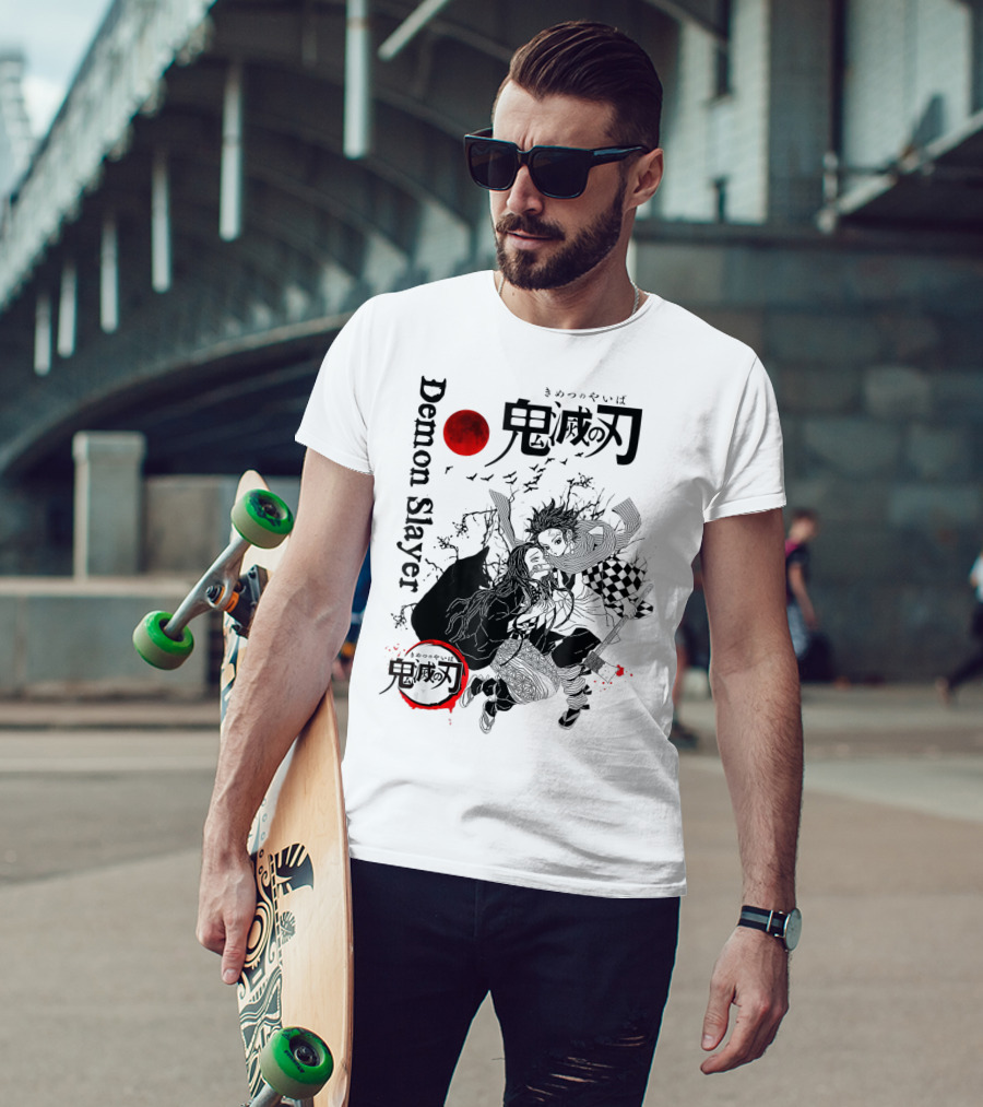 Demon Slayer Black And White Arts Anime With Red Moon T-Shirt